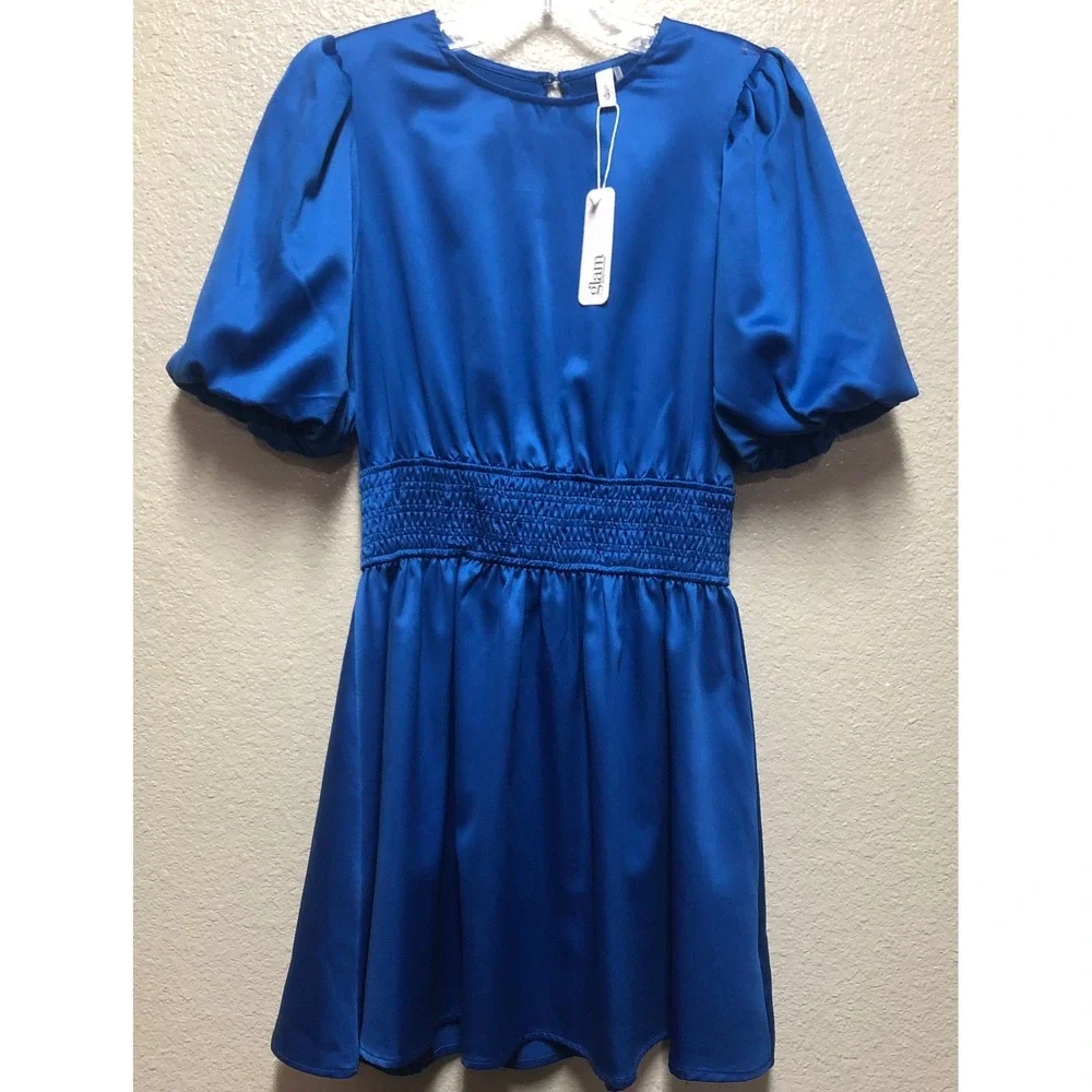 Glam Los‎ Angeles Royal Blue Satin Open Back Smocked Mini Dress GD3845 Small NWT